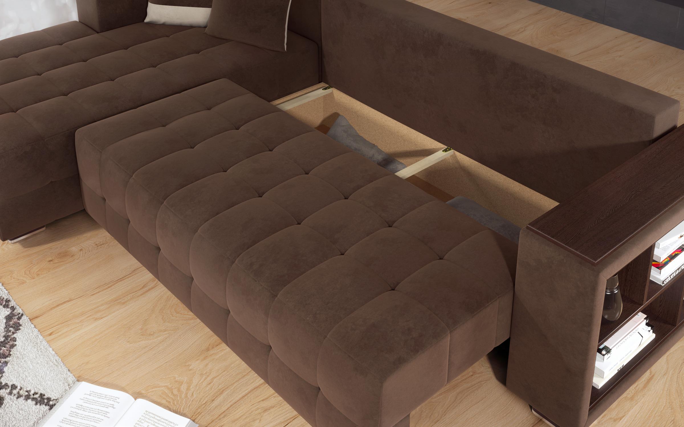 Разтегателен диван Мелвин с лежанка + подлакътник мини етажерка